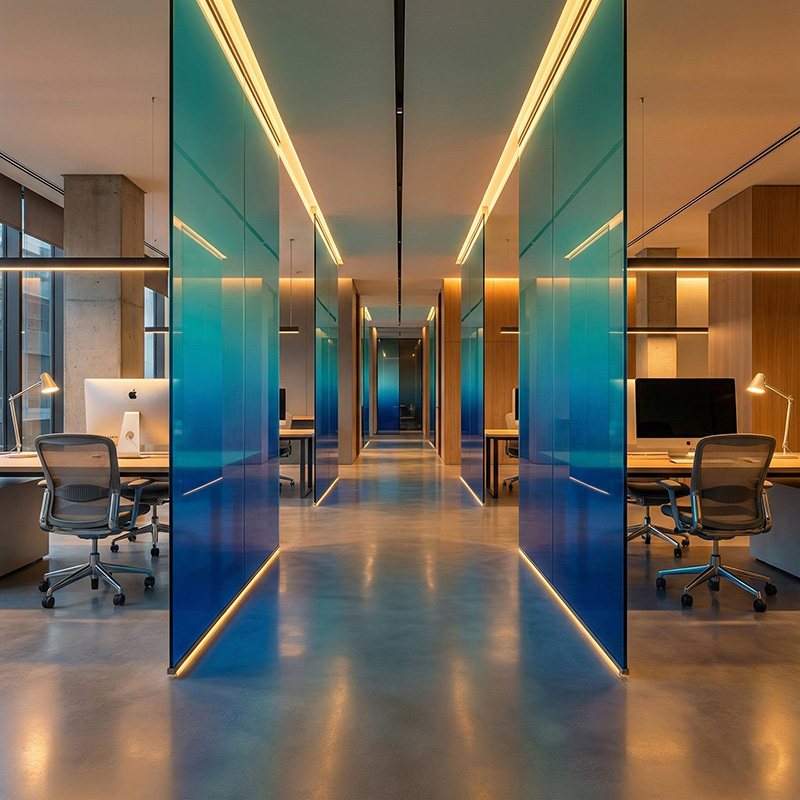 Blue gradient glass partition in an office interior