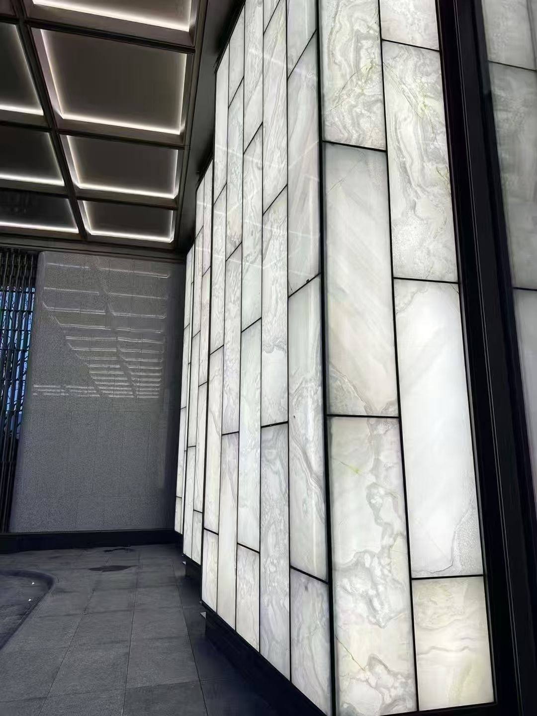 Glowing faux alabaster wall detail — Luxury Hotel · Translucent Faux Alabaster Panel Lobby Project by ETERNAL
