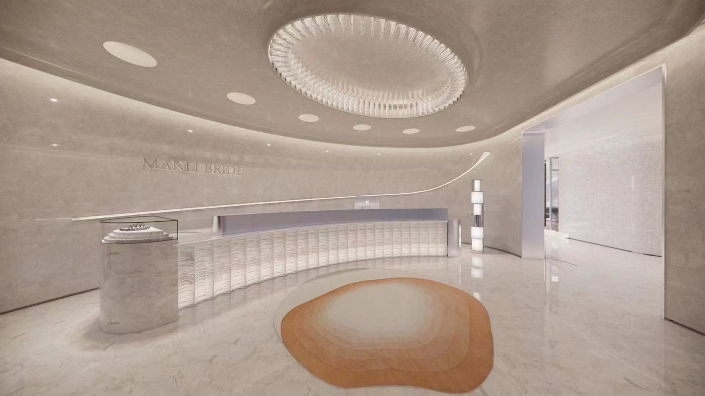 Curved textured glass reception hall of the bridal boutique