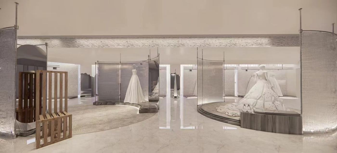 Curved glass partitions in the display area — Bridal Boutique · Curved Textured Glass Project by ETERNAL