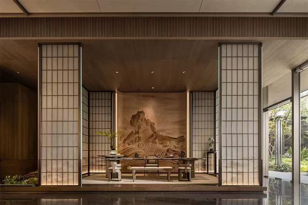Shoji glass screens in the Chunhe Jiuzhang sales gallery lobby