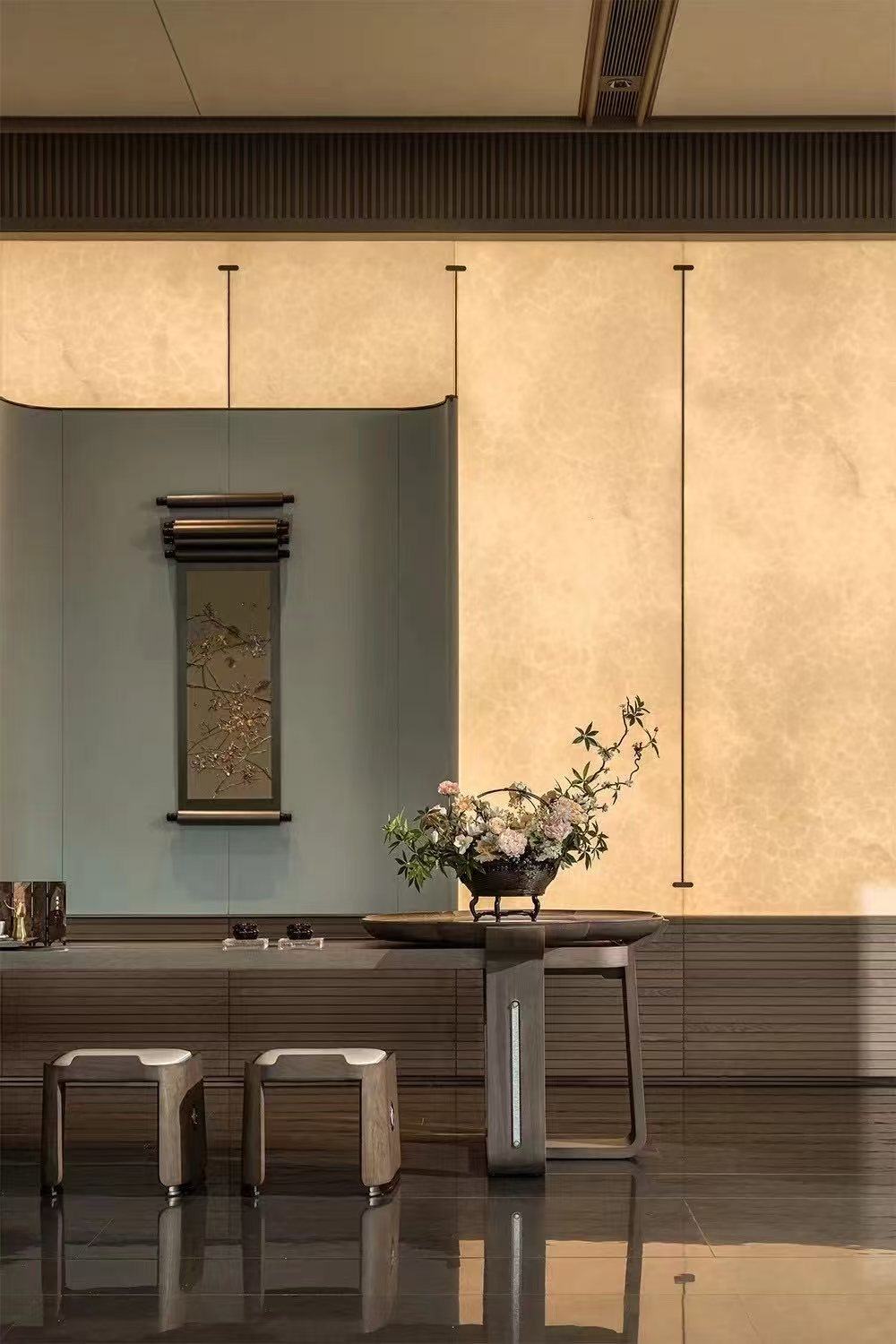 Reception desk glass backdrop — Chunhe Jiuzhang Sales Gallery · Shoji Glass Screen Project by ETERNAL