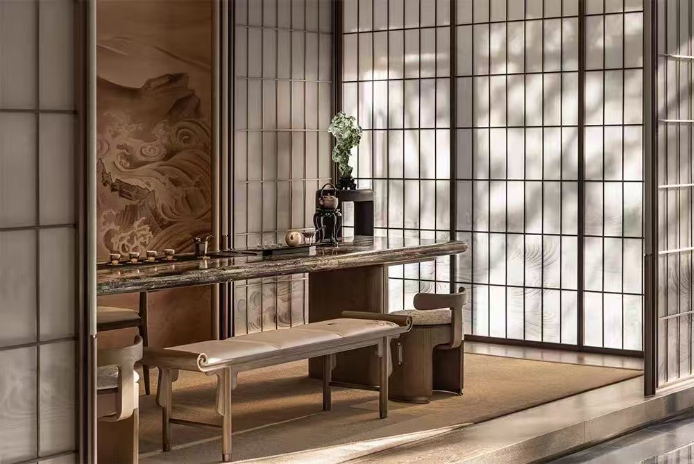 Tea room behind shoji glass — Chunhe Jiuzhang Sales Gallery · Shoji Glass Screen Project by ETERNAL