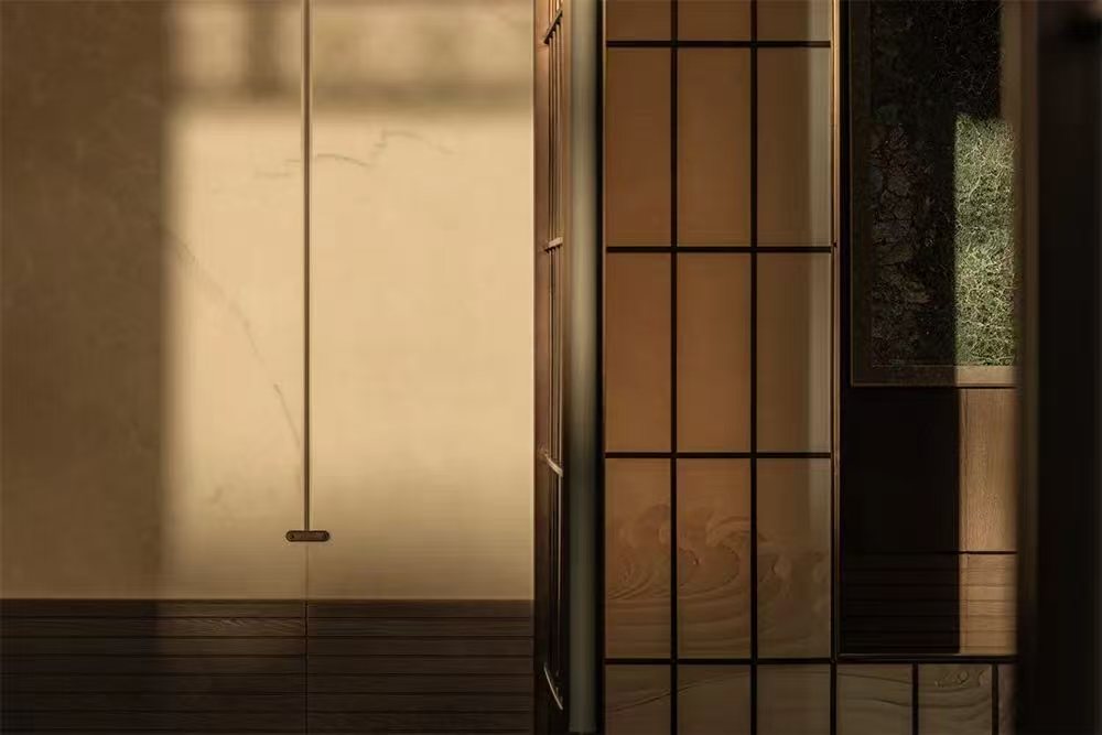 Fabric glass in warm light — Chunhe Jiuzhang Sales Gallery · Shoji Glass Screen Project by ETERNAL