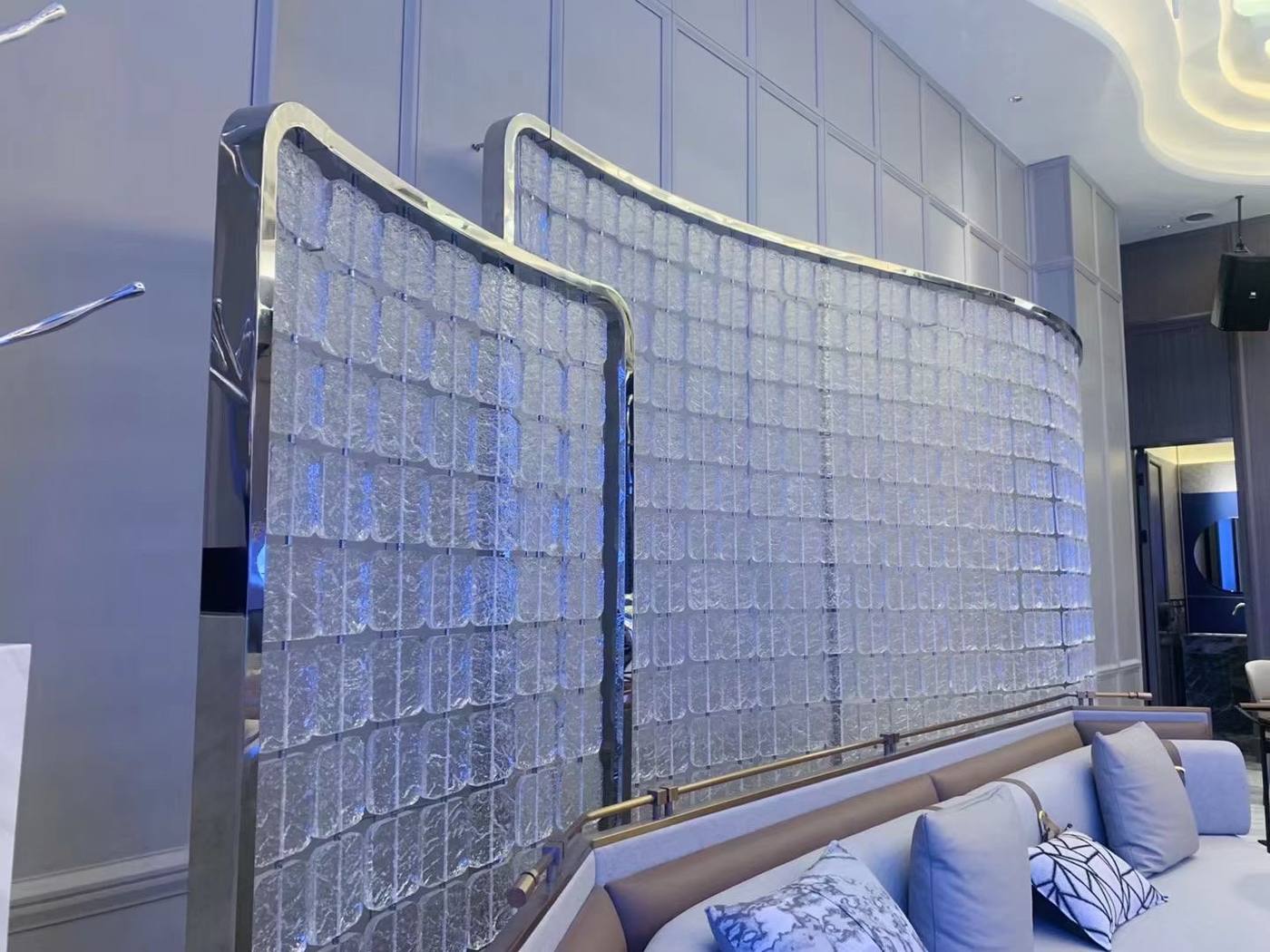 Side view of the crystal tile wall — Clubhouse Lounge · Crystal Glass Tile Art Wall Project by ETERNAL