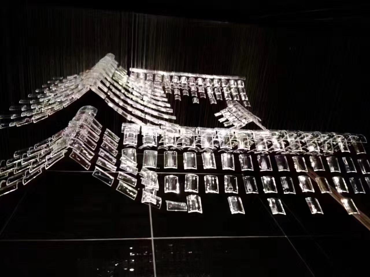 Glass tile waves in the dark hall — Crystal Glass Tiles · Suspended Art Installation Project by ETERNAL