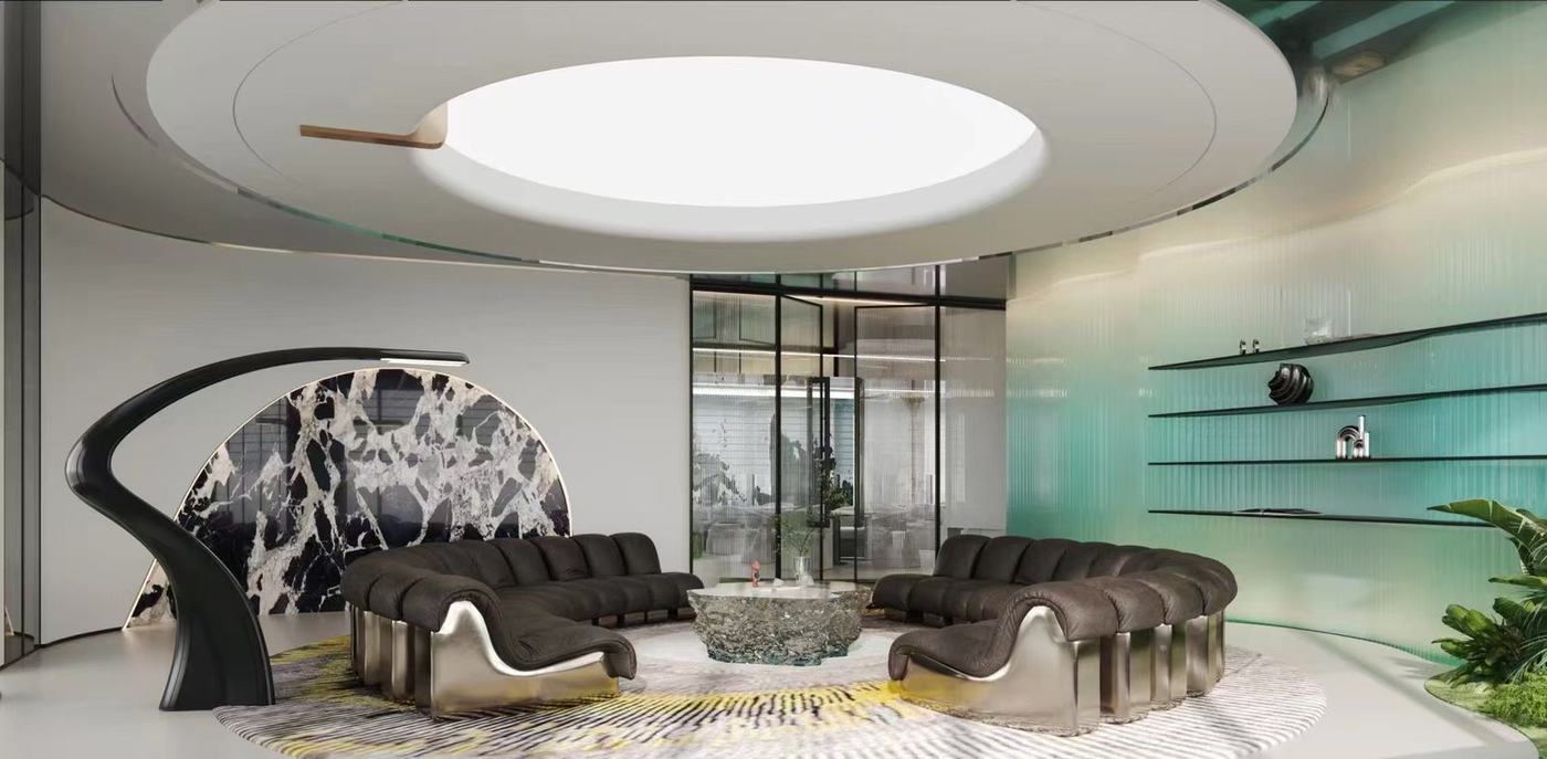 Turquoise gradient art glass walls in a Dubai VIP lounge