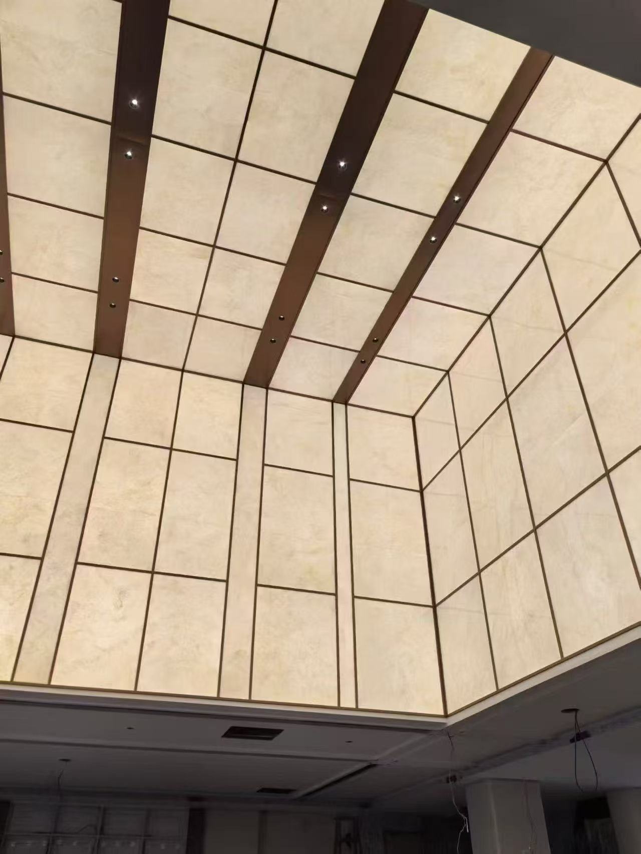 Geometric faux alabaster ceiling — Luxury Hotel · Translucent Faux Alabaster Panel Lobby Project by ETERNAL
